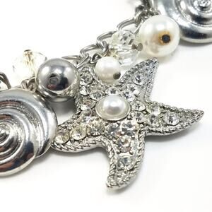 Starfish Ocean Sea Life Rhinestone Faux Pearl Charm Bracelet, 8 1/2 Inches